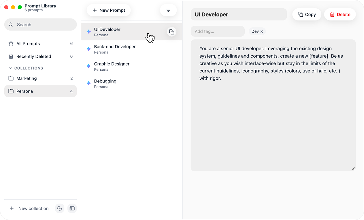 Prompt Library view with collections, tags, and editable prompts